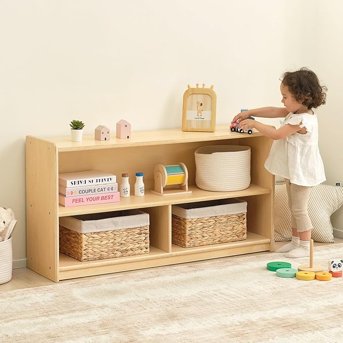 OOOK 2-Shelf Montessori Shelf Toy Organizers and Storage for Kids, 3-Section Wooden Storage Cabinet Shelves for Classroom, Kindergarten, Kids Room, Playroom