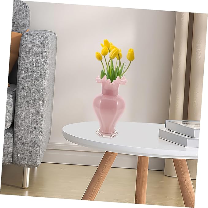 Pearlescent Pink Handblown Glass Vase with Artistic Curved Rim Unique Decorative Flower Display for Home Decor Living Centerpiece Wedding Table Accent