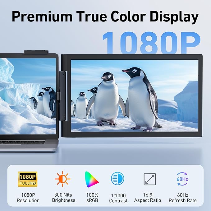 Pornitor Laptop Screen Extender, 14’’ FHD 1080P Triple Portable Monitor for Laptop with Ultra-Slim IPS Display, USB-C Plug and Play Multi Screen Attachment for 14"-16.5" Laptops