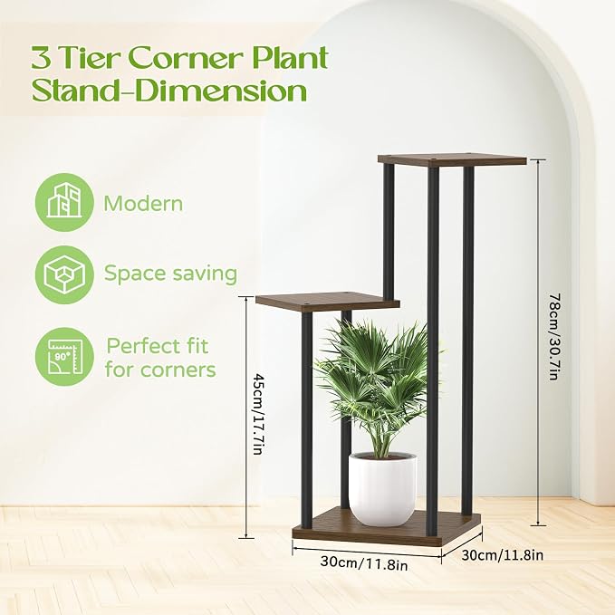 Oppro 3 Tier Plant Stand Indoor Outdoor, Wood Metal Flower Shelf Pot Holder Clearance, Tall Multiple Plants Corner Rack Aesthetic Organizer for Patio Orchid Office Porch Living Room Garden, Black Oak