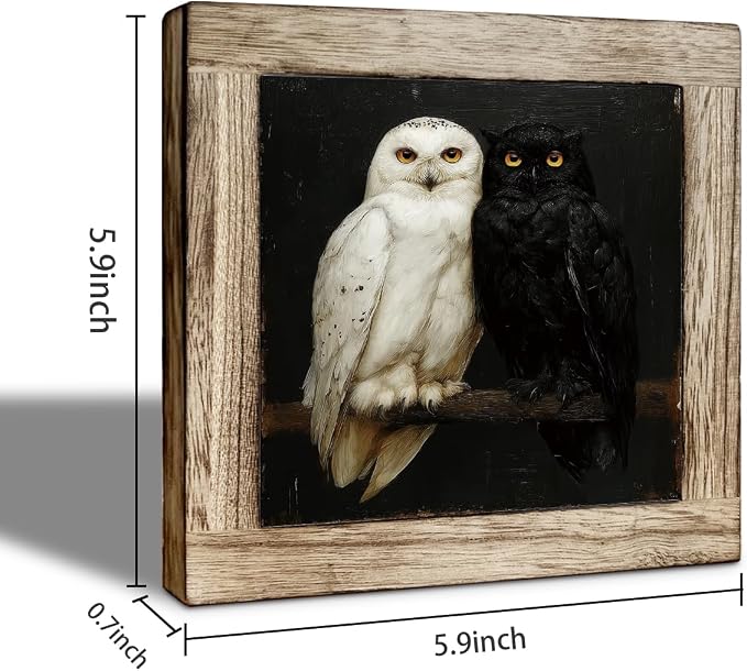 Vintage Owl Pair Wooden Desktop Sign, Dark Academia Owl Bird Wood Plaque Tabletop Decor, Gothic Woodland Wildlife Wooden Sign for Bedroom Living Room Office Shelf