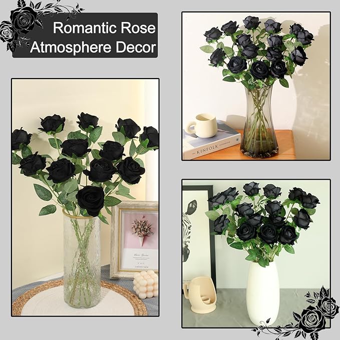50Pcs Black Roses Artificial Flowers Fake Rose Faux Velvet Silk Flowers for Home Wedding Decoration (Pearl Roses, Pure Black)