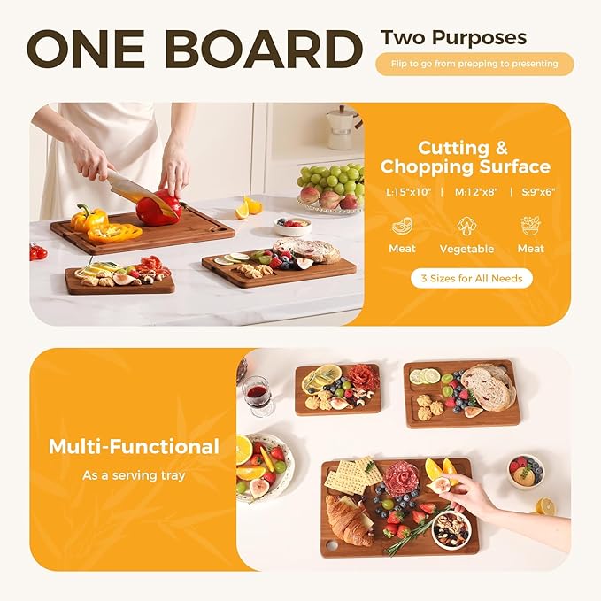 Bamboo Cutting Board for Kitchen, Wooden Cutting Board 3-Piece Set with Non-Slip Mat Deep Juice Groove and Built-In Handles, Wood Cutting Board for Meat Vegetables Fruit Ideal Gift for the Home