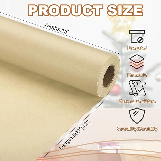 PATIKIL Wrapping Paper, 15" x 500"(42') 70 GSM Craft Paper Roll Kraft Packing Paper for Poster Bulletin Board, Gift Wrapping, Brown
