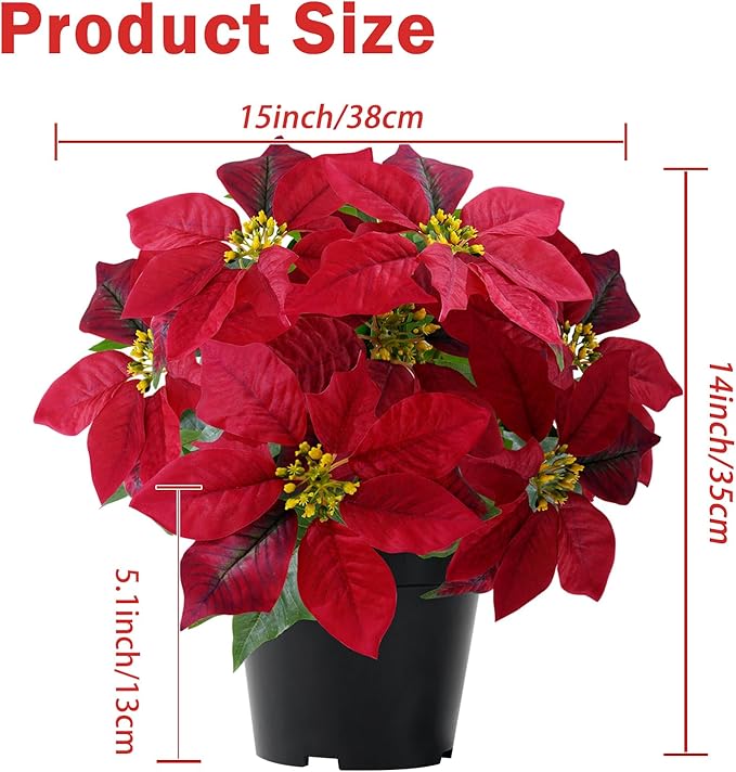 Poinsettia Artificial Red Christmas Flowers 14Inch Faux Poinsettia Plant Winter Flowers for Indoor Outdoor Xmas Ornament Porch Home Garden Decorations