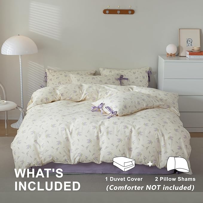 VM VOUGEMARKET Purple Flower Duvet Cover Set Twin 3 Pieces Girls Cottagecore Bedding Set 100% Cotton Lilac Floral Comforter Cover with Zipper Closure,Vintage Country Bedding-Lavender,68x86 Inch