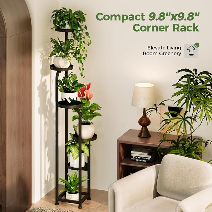 Bamworld Tall Plant Stand Indoor Outdoor, Corner Metal Flower Pot Stands for Multiple Plants, 5 Tier Heavy Duty Plant Shelf for Patio Garden Balcony Living Room Bedroom