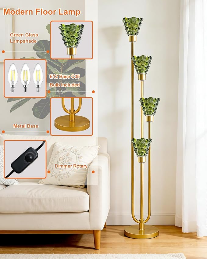 63IN 4-Lights Glass Floor Lamp Modern Dimmable Floor Lamps with Green Glass Shade& Warm White Bulbs for Wedding/Party, Gold Tall Standing Lamp with 5Lbs Heavy Base for Living Room/Bedroom