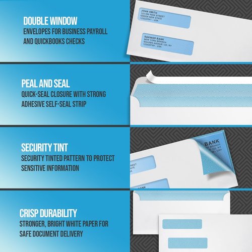 Compuchecks Double Window Envelopes #8 - Peel and Seal Security Business Mailing Envelopes | 500 Count