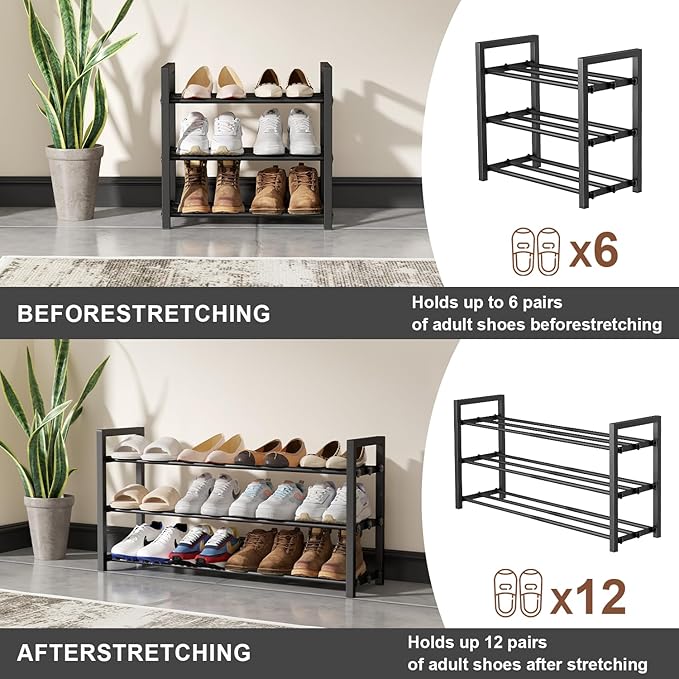 HDDTTZ 3-Tier Expandable Shoe Rack, Adjustable Shoe Shelf Storage Organizer Heavy Duty Metal Free Standing Shoe Rack for Entryway Closet Doorway (Black)
