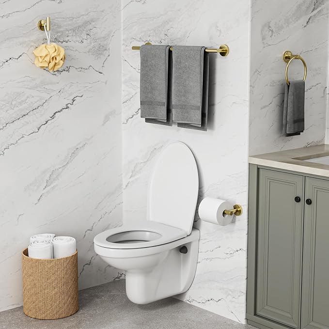 Gold Bathroom Accessories 5 Piece, 18 Inch Bath Hardware, Wall Mounted Brushed Gold Towel Rack, Durable SUS304 Stainless Steel Towel Bar Set