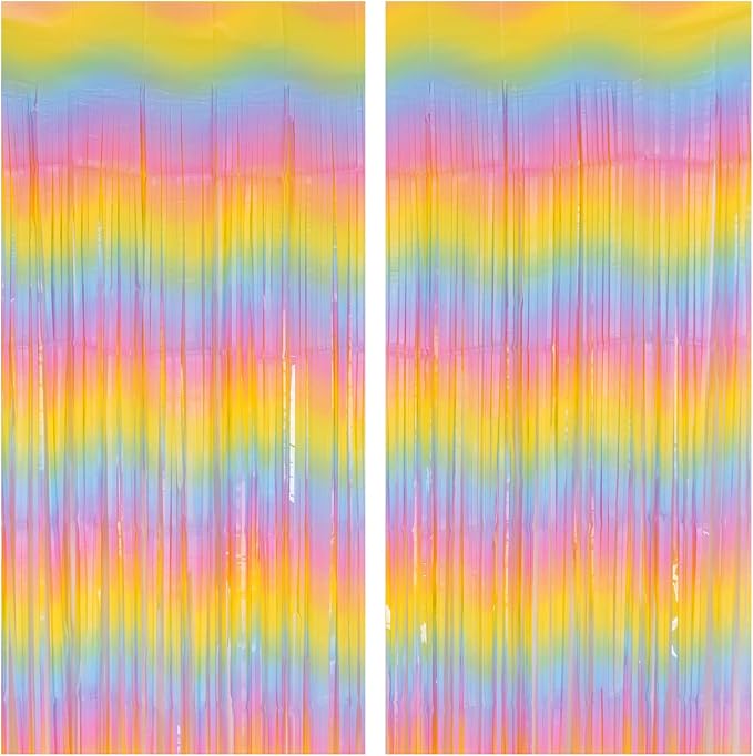 Pastel Rainbow Foil Fringe Curtains, 2Pcs 3.2x8.2ft Metallic Tinsel Foil Streamers Colourful Photo Booths Props Backdrop for Easter Princess Birthday Wedding Engagement Party Decorations