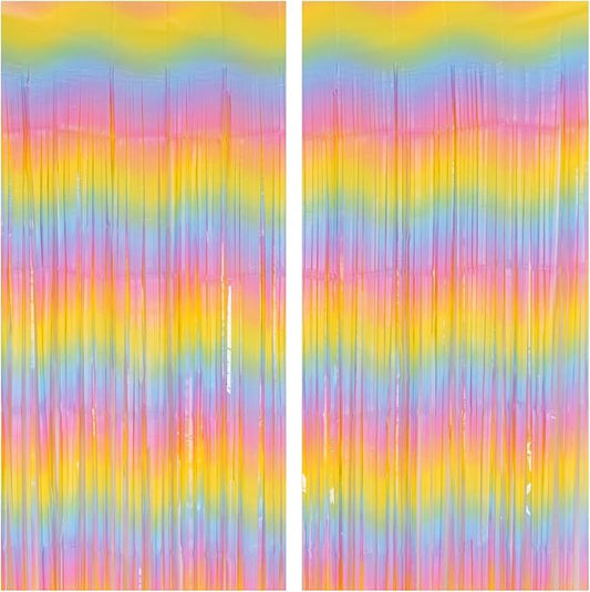Pastel Rainbow Foil Fringe Curtains, 2Pcs 3.2x8.2ft Metallic Tinsel Foil Streamers Colourful Photo Booths Props Backdrop for Easter Princess Birthday Wedding Engagement Party Decorations