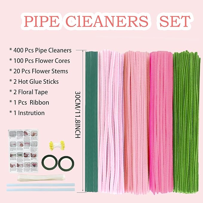 Pipe Cleaners Flower Craft Kit,Chenille Stems Craft DIY Bouquet Making Set with Floral Wires, Gardening Tape, Stamens & Ribbon for Home Decor-Holiday Decorations,Gifts - 400 Pcs (Pink)
