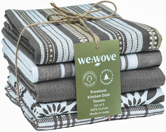 WeWove Assorted Kitchen Towels Set of 5-100% Cotton Dish Cloths Towels with Hanging Loop - Soft Absorbent Washable Reusable for Kitchen Use - Quick Drying 16x26 inch Dish Towels Grey