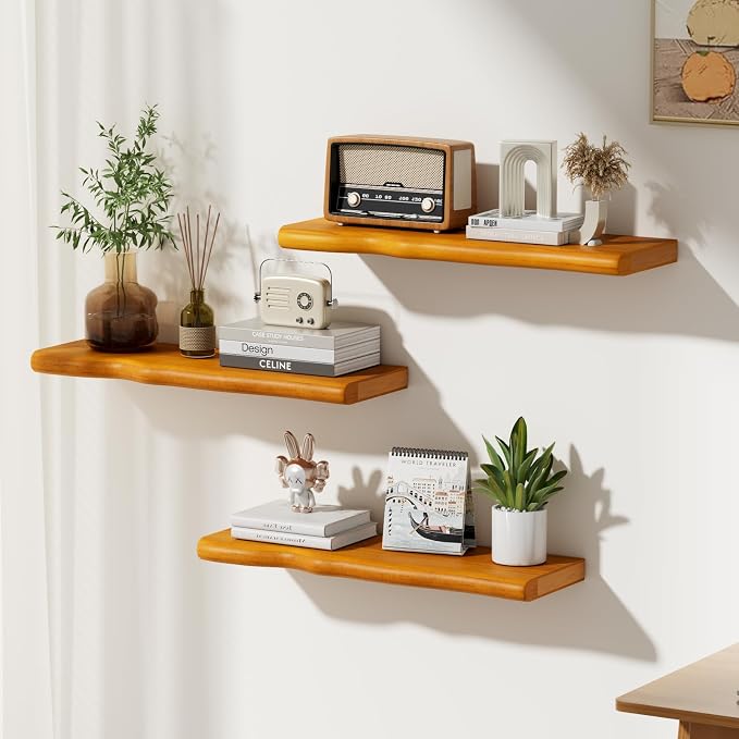 Solid Wood Live Edge Floating Shelves Set of 2 – 24" Rustic Wall Shelf with Hidden Bracket System, Wall Mounted Shelves for Bathroom, Kitchen, Living Room, Bedroom (Honey Walnut)