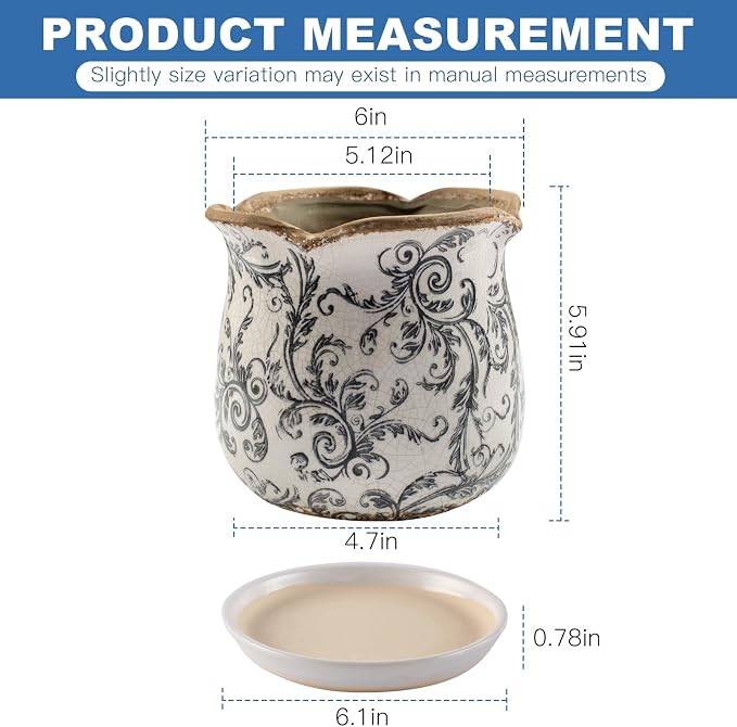 Ceramic-Planters-for-Indoor-Plants with Saucer, 6 inch Vintage Ice Crackle Glaze Plant Pots with Drainage Holes, Decorative Flower Pots for Outdoor Garden Home Decor, Tuscan Pot for Plant