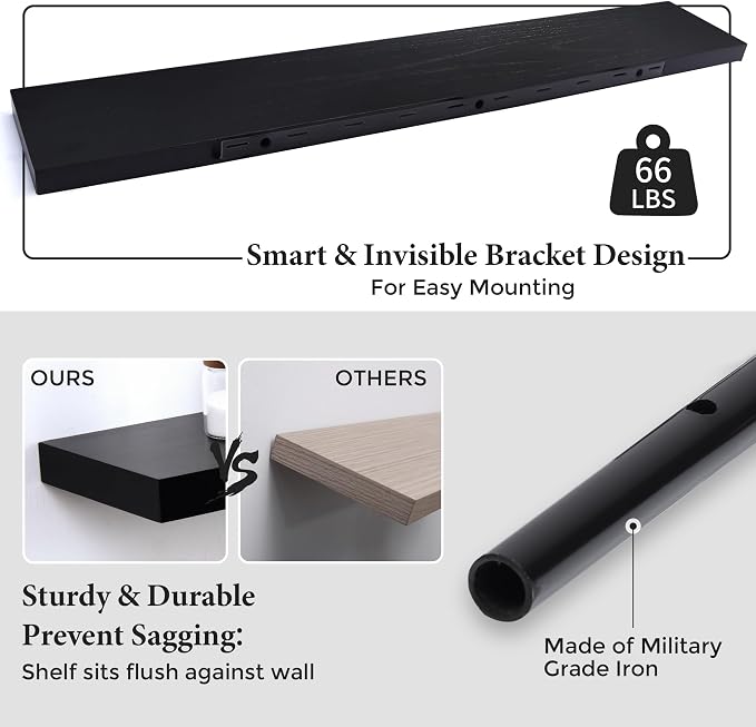 Axeman Floating Shelves, 8 Inch Deep Modern Solid Wood Wall Shelves for Storage, Wall Mounted Display Shelving with Invisible Heavy-Duty Metal Bracket, 48" W x 8" D x 1.6" H, Distressed Black