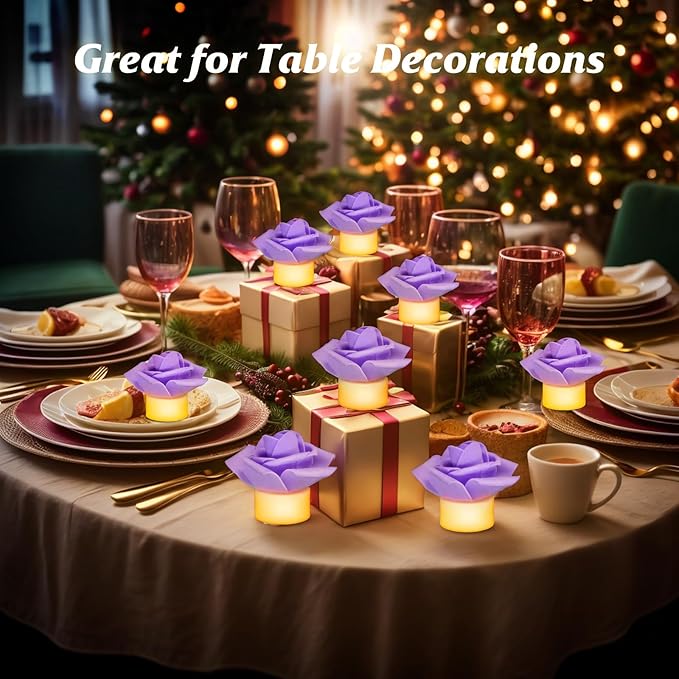 12 Pack LED Tea Lights Candles with Artificial Rose Petals, Romantic Flameless Battery Operated Candles for Valentines Wedding Proposals Christmas Decor (Purple)