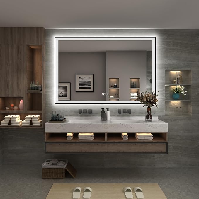 60x40 Framed LED Bathroom Mirror, Large Dimmable Vanity Mirror with Lights, Anti-Fog, Shatterproof, Memory (Backlit and Front Lighted)