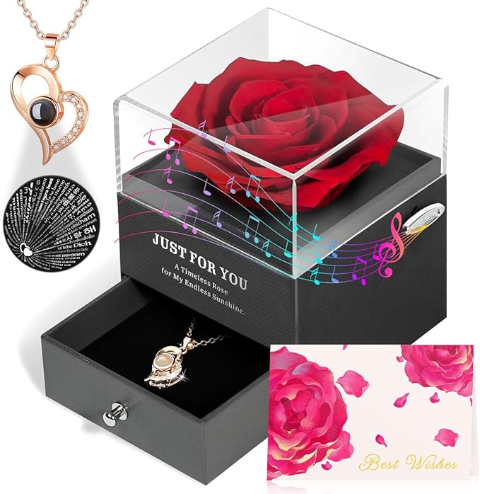 ADDWel Preserved Rose Gifts for Mom Birthday – Forever Real Rose Music Box for Women – You Are My Sunshine Gifts for Mom Grandma Wife Girlfriend – Eternal Roses Musical Box with I Love You Necklace