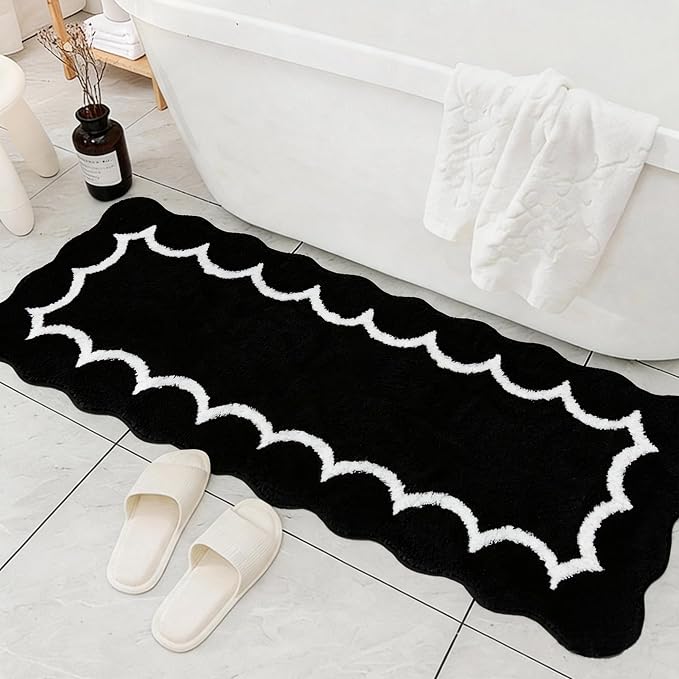 Scalloped Black Bathroom Rugs Mat,Shaggy Soft Non Slip Absorbent Quick Dry Bath Mats for Shower Room,Plush Microfiber Bath Rug for Bathroom Floor Carpet for Shower Tub Sink Bedroom,17"x47"