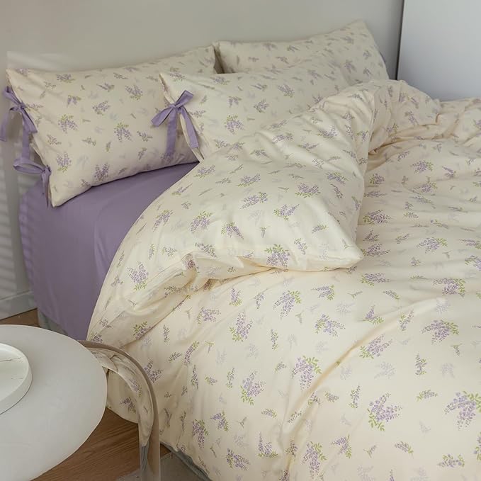 Purple Flower Duvet Cover Twin Soft 100% Cotton Floral Bedding Sets Lilac Floral Comforter Cover Vintage Garden Botanical Duvet Cover Girls Cottagecore Bedding Sets 1 Duvet Cover with 2 Pillowcases