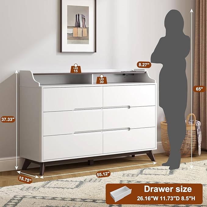 Dresser for Bedroom with 6 Drawers, 55" Large Dresser & Chest of Drawers with Charging Station, Wood Closet Clothes Storage Long Dressers Organizer for Bedroom Living Room Hallway, White
