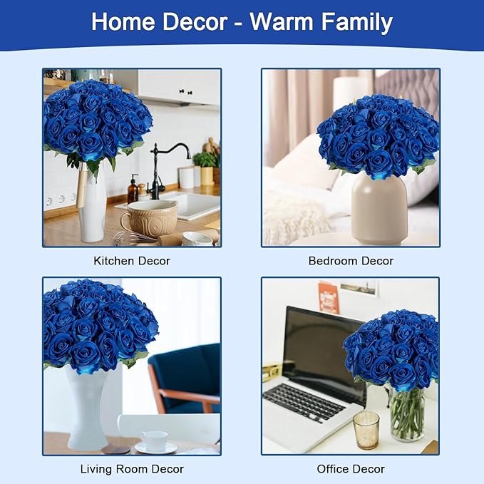 12Pcs Blue Roses Artificial Flowers Fake Roses Faux Velvet Silk Flower for Home Wedding Decoration (Pearl Rose, Blue)