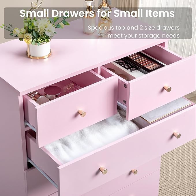 Karl home Pink 5 Drawer Dresser for Bedroom, Modern Wood Dresser Chest of Drawers, Pink Bedroom Dressers for Girls, Anti-Tipping Device, Rose Gold Metal Handle, Living Room, Entryway, Hallway, Office