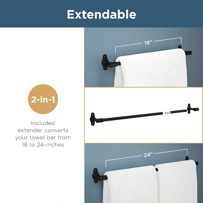 Franklin Brass Hartwell (1-Pack) 18'' Towel Rack w/ 6" Extender for Bathroom Matte Black Towel Bar for Bathroom Wall Mounted Towel Holder Rod HRT26-MB