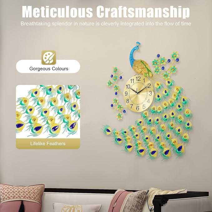 29.5" Large Peacock Wall Clock Crystal Decor, 3D Creative Luxury Wall Clock Silent Non-Ticking Battery Operated Living Room Decor Big Clock