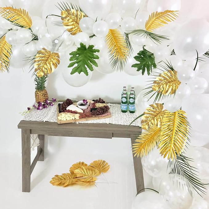 CCINEE 24PCS Golden Artificial Palm Leaves, Faux Monstera Leaves Simulation Safari Leaves with Stems for Home Hawaiian Luau Party Jungle Beach Theme Party Decoration