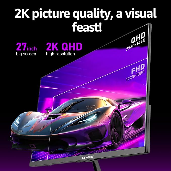 Gawfolk Gaming Monitor 27 inch QHD IPS, PC Screen 120Hz 2K (2560×1440P), Ultra-Thin Zero Frame Computer Display for Home Office Business, DP, HDMI, Wall-Mounted