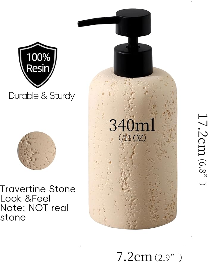 Soap Dispensers 340ML 11OZ, 2PCS Luxurious Hand Dish Shampoo Lotion Soap Dispenser Jar, Travertine Soap Pump Bottles for Kitchen Bathroom Countertop (Faint Yellow)