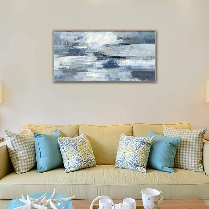 Abstract Framed Canvas Wall Art Vintage Blue White Grey Pictures Ocean Wall Decor Modern Artwork Painting Prints for Living Room Bedroom Bathroom Office Home Decoration Ready to Hang 24" X 48"