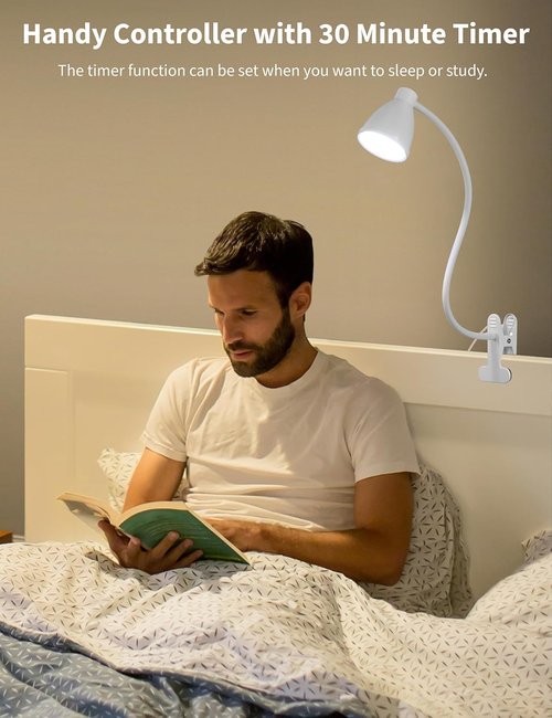 BOHON Clamp Lamp - 5 Color Modes & 10 Brightness Levels - 10W 38 LED Desk Light with Flexible Gooseneck - White