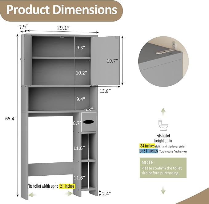 Farmhouse Storage Cabinet Over Toilet with Toilet Paper Holder Stand, Freestanding Bathroom Storage Organizer Cabinet, Grey