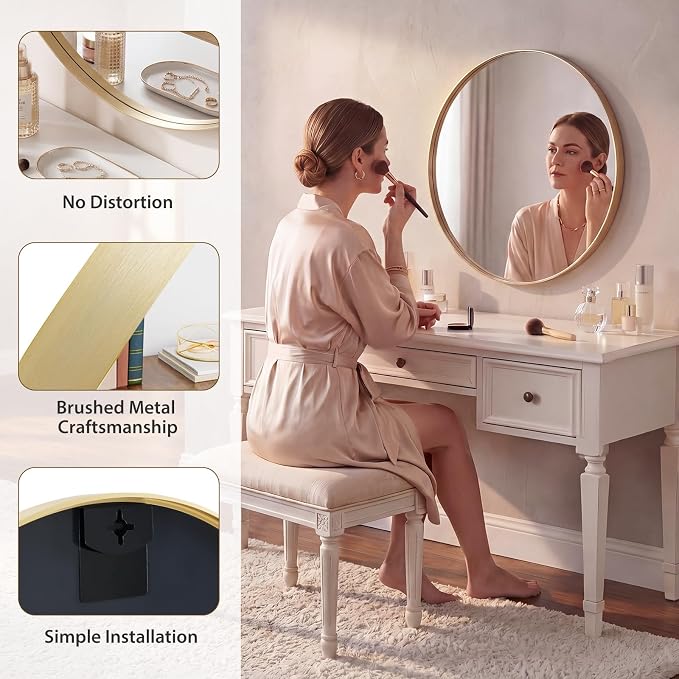Sweetcrispy Bathroom Round Mirrors for Over Sink, 24 Inch Wall Circle Mirror with Matte Metal Frame, Modern Wall Mount Vanity Mirror for Home Decor, Living Room, Bedroom, Gold