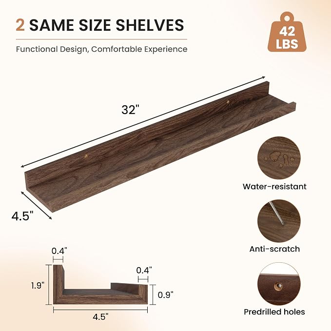 Dreamland Picture Ledge Shelf for Wall, Floating Shelves Set of 2, 32 Inch Long Floating Shelves with Lip for Living Room, Bedroom, Bathroom, Kitchen, Walnut