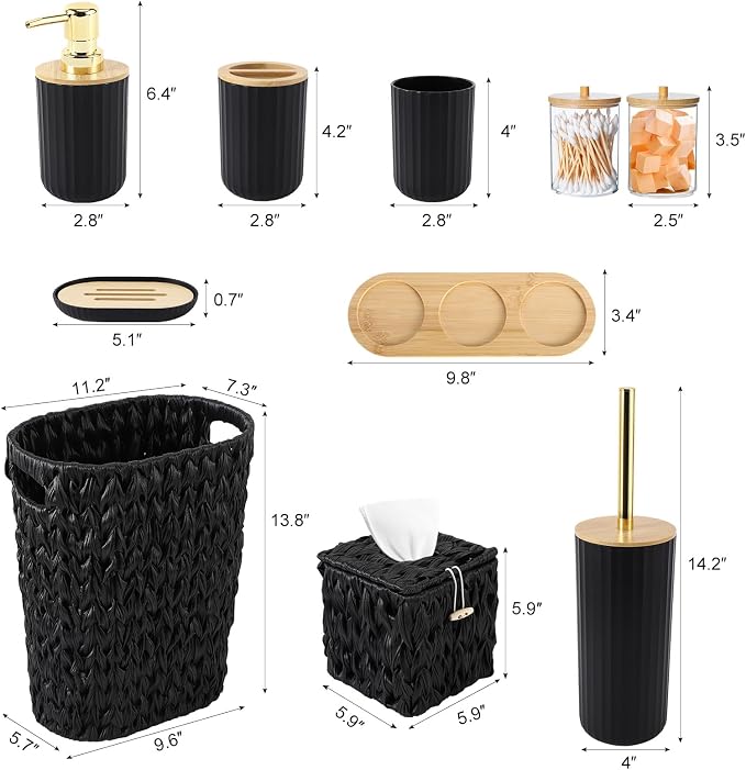 Bathroom Accessory Set, 10 Pieces Bath Set- Wicker Trash Can Tissue Box Soap Dish Toothbrush Holder Rinse Cup Lotion Bottle Toilet Brush Qtip Holder - Practical Bathroom Decor Sets (Black, Bath Set)