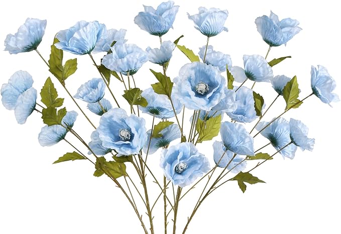 30 Heads 6PCS Blue Poppy Artificial Flowers 32in Silk Poppy Light Blue Flowers for Wedding Home Party Table Centerpiece Arrangement Decoration (Blue)