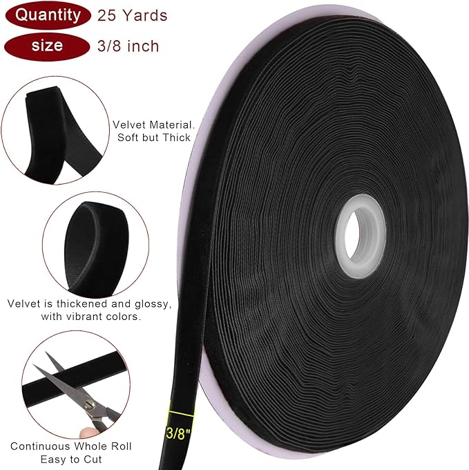 25 Yards Black Velvet Ribbon for Christmas Tree,3/8 Inch Velvet Christmas Ribbon for Gift Wrapping Crafts Bow Wreath Holiday Decorations (Black)