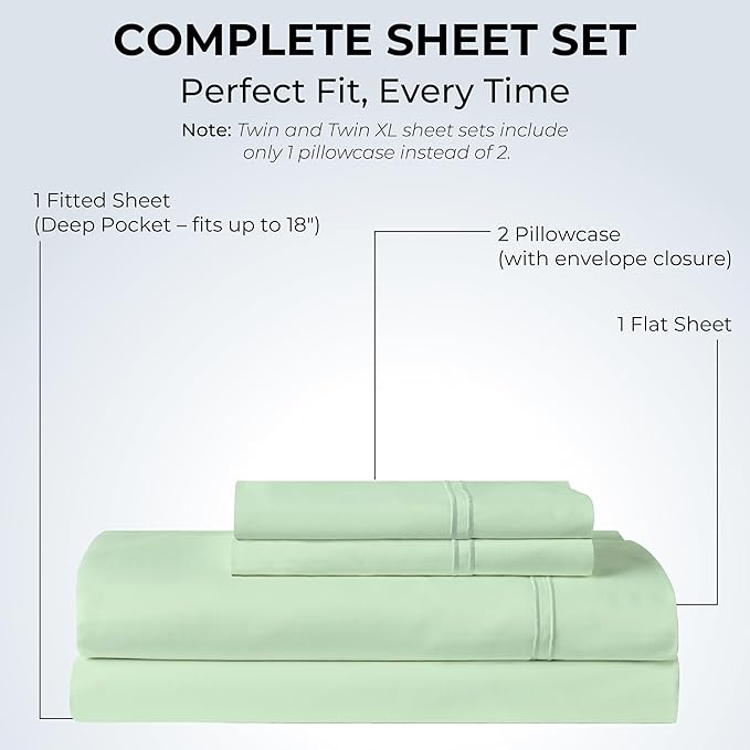 100% Natural Cotton Bed Sheets | 500 TC Single-Ply Sateen Weave Full Size Sheets | Soft, Breathable, Hypoallergenic Solid 4-Piece Bedding with Deep Pocket Fitted, Flat, Pillowcase | Sage