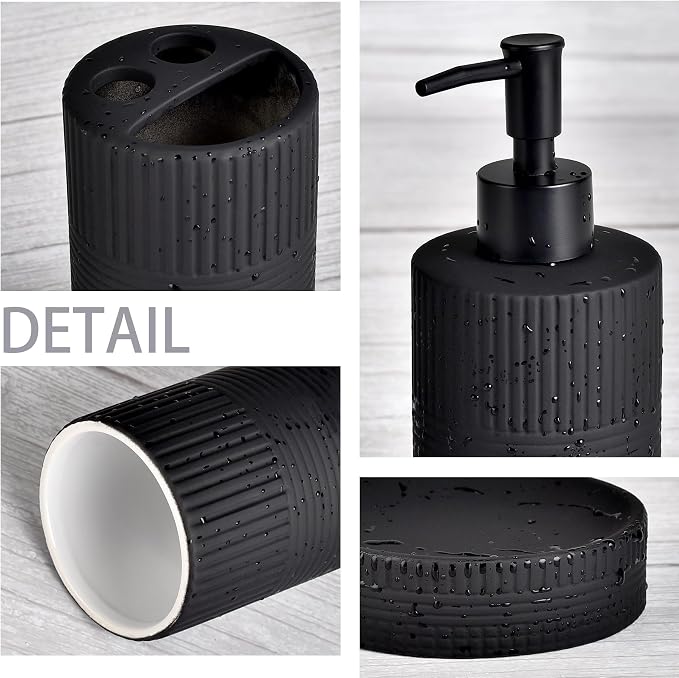 Matte Black Bathroom Accessories Set, 4PC Embossing Ceramic Bathroom Sets Complete-Toothbrush Holders, Soap Dispenser, Soap Dish, Toothbrush Cup, Black Bathroom Decor, Bathroom Countertop Organizer