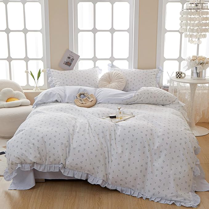 VM VOUGEMARKET Lightweight Ruffle Comforter Set with Flower Pattern Twin XL,68 x 90 Inches,Reversible Blue Bedding Comforter - Perfect for Teen Girls' Bedrooms