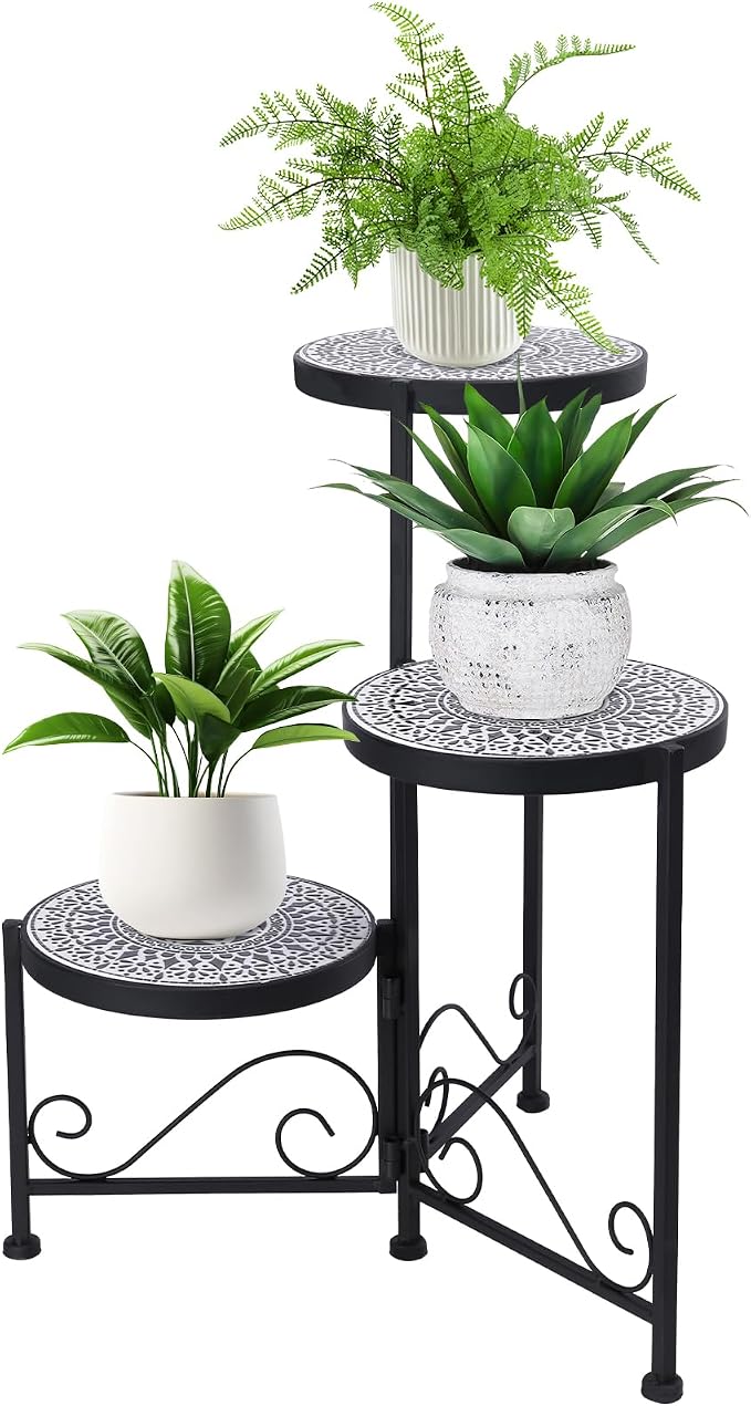 3 Tier Mosaic Plant Stand Foldable Corner Shelf for Indoor Outdoor Tall Plant Holder Display Rack for Patio Balcony Living Room Garden Decor