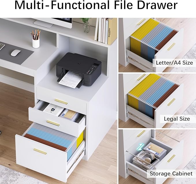 Computer Desk with 3 Drawer & Storage Shelves, Home Office Desk with File Drawer & Cabinet, Writing Study Table with Long Monitor Stand & Printer Shelf, Executive Desk, White