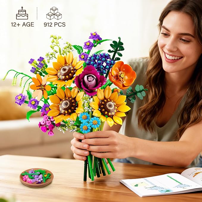 Wild Flowers Bouquet Building Set with Lights - Wildflower 18 Flower Botanicals Collection Building Blocks Sunflower Rose Violet Plants Home Decor Gift for Her Adults Women Girls 12+ (912PCS)