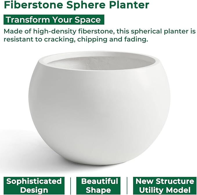 Fiberstone Sphere Planter, 19.3" Dia x 13" H Large Flower Pot with Drainage Hole and Silicone Plug, Round Plant Container for Indoor or Outdoor, 15" Opening, Large White